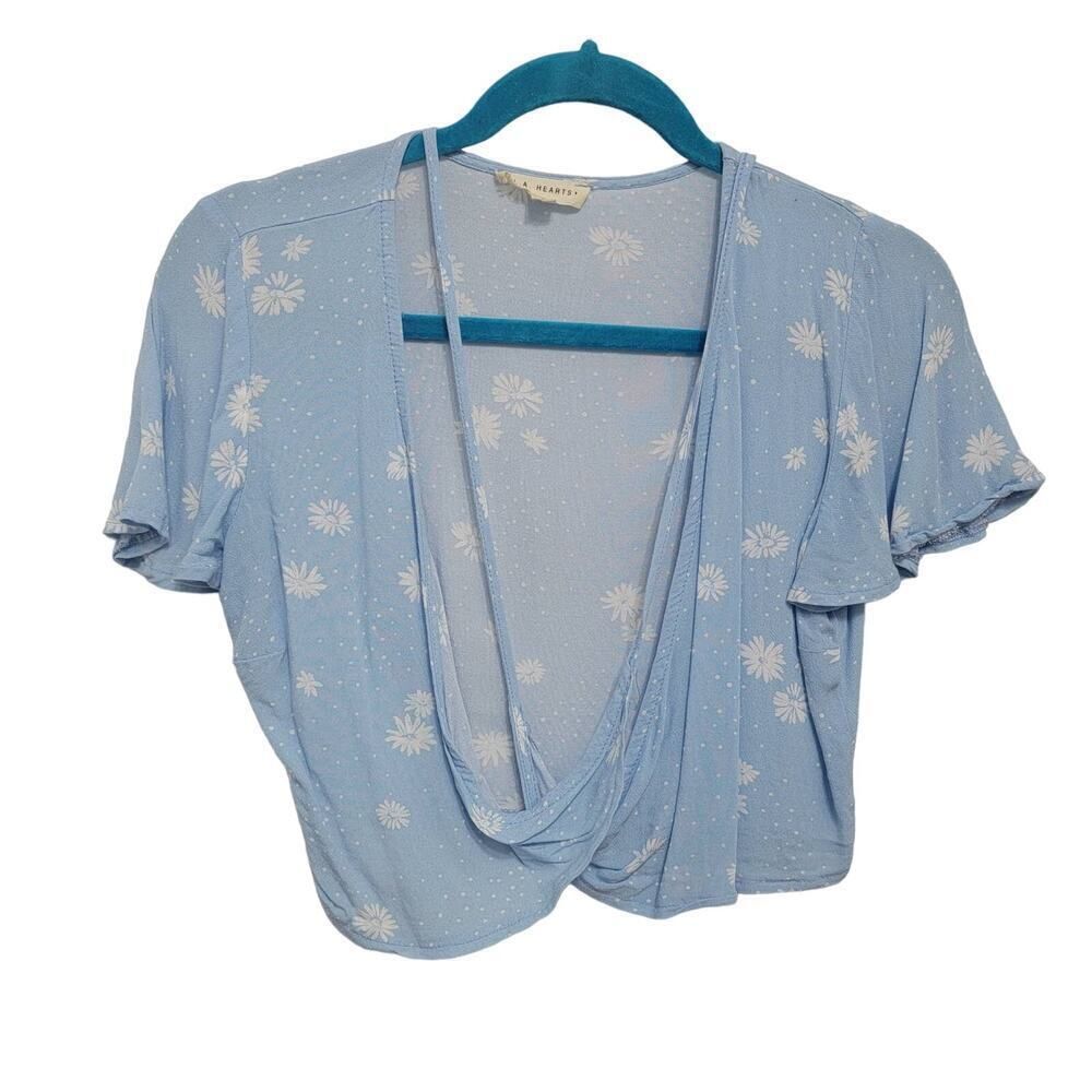 LA Hearts Blue Floral Wrap Crop Top Flutter Sleeve Size XS Cottagecore